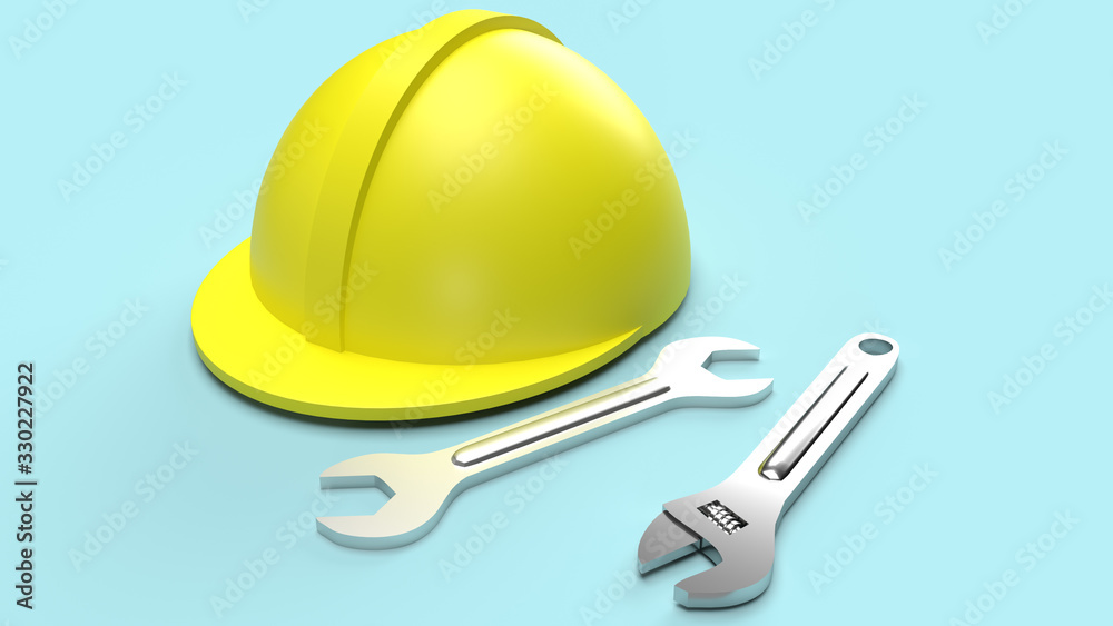 safety helmet and wrench on blue background 3d rendering for labour day content safety helmet and wrench on blue background 3d rendering for labour day content