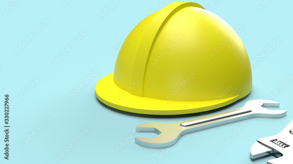 safety helmet and wrench on blue background 3d rendering for labour day content safety helmet and wrench on blue background 3d rendering for labour day content