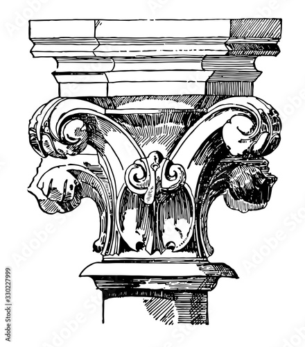 Capital, volutes,  vintage engraving.