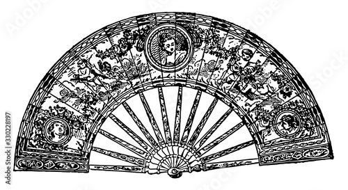 French Fan is an instrument used by ladies, vintage engraving.