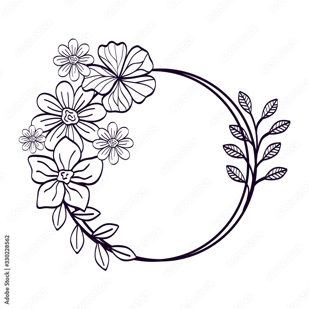 frame circular of flowers with branches and leafs line style vector illustration design