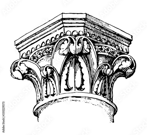 Capital, Ephesus,  vintage engraving.