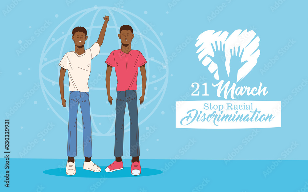 stop racism international day poster with afro men couple