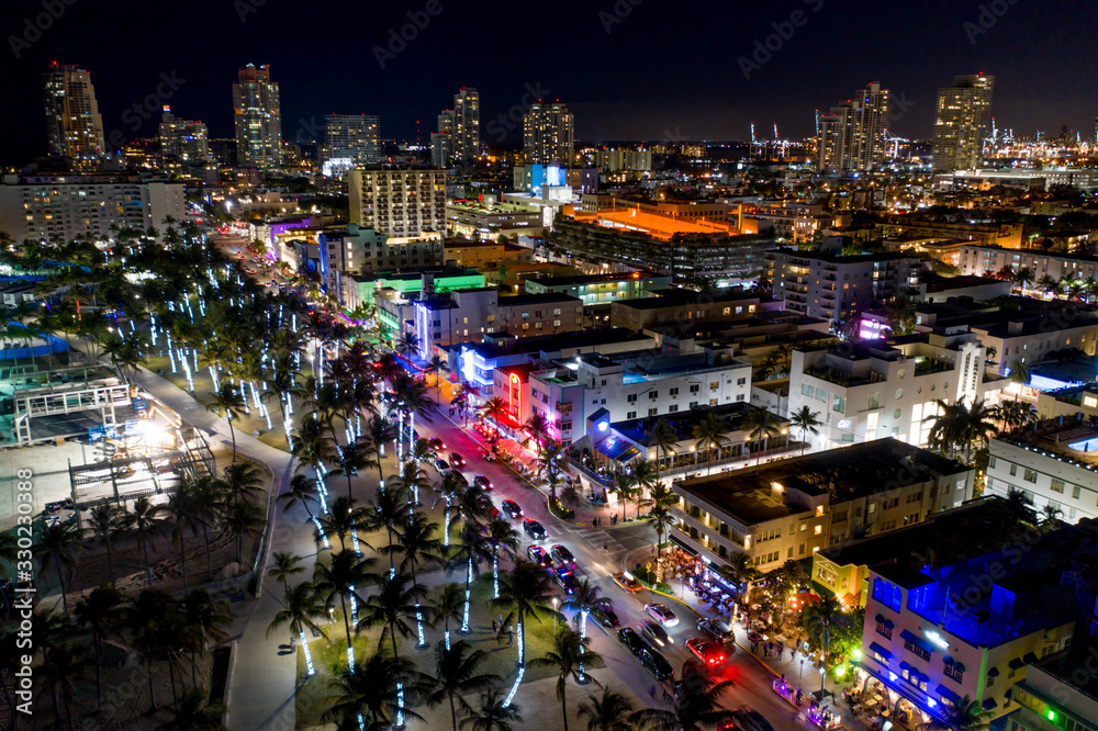 Colorful Neon Lights Miami Beach Ocean Drive Aerial View Stock Photo 