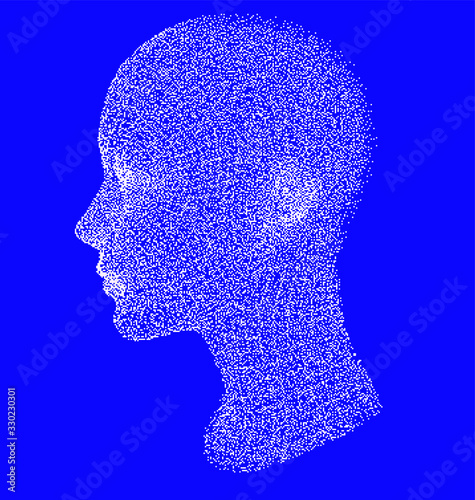 Pixel art illustration with human head made of particles. Concept illustration of Artificial intelligence, Machine learning and Cybernetics. Vaporwave retrofuturistic style.