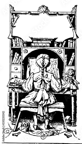 Bookplate, books, vintage engraving.