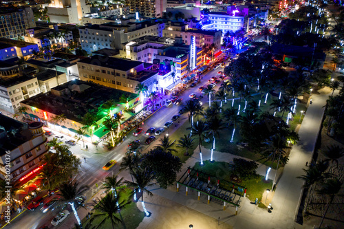 Miami neon lights at night aerial photo
