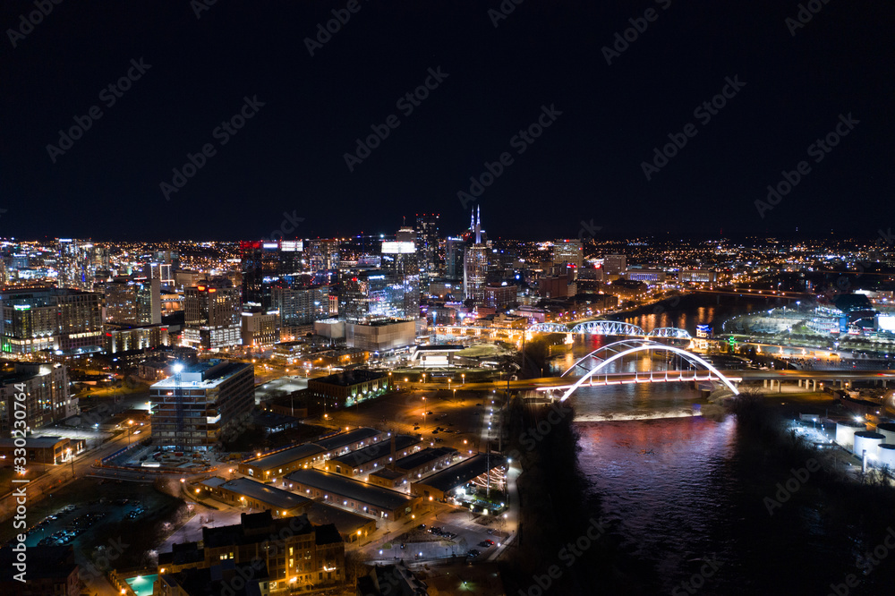 Night photo Downtown Nashville Tennessee commercial all logos blurred Night photo Downtown Nashville Tennessee commercial all logos blurred