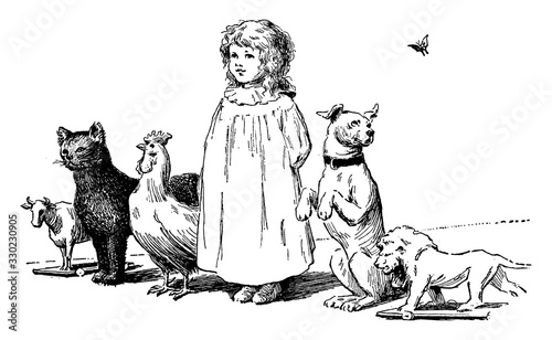 Girl and Animals, vintage illustration