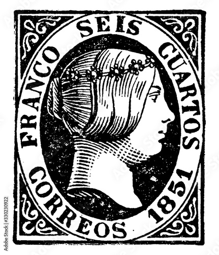 Spain Seis Cuartos Stamp, 1851, vintage illustration