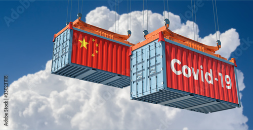 Container with Coronavirus Covid-19 text on the side and container with China Flag. Concept of international trade spreading the Corona virus. 3D Rendering © Marius Faust