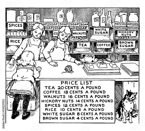 Child Buying Groceries, vintage illustration