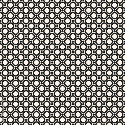 Circles vector seamless pattern. Abstract black and white geometric texture with small dots and rings. Simple monochrome dotted background. Stylish repeat design for decor, prints, fabric, textile
