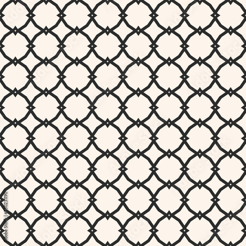 Vector ornamental seamless pattern with carved grid, lattice, mesh, net, repeat geometric tiles. Elegant black and white ornament in Moroccan style. Simple abstract background texture. Stylish design