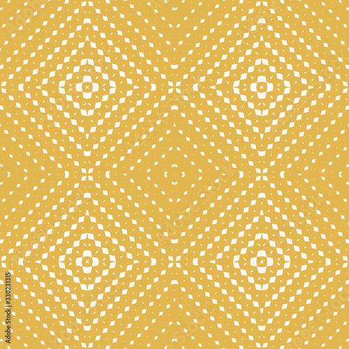 Yellow vector geometric seamless pattern with small rhombuses, diamond shapes, lines, grid. Colorful background with halftone transition effect in square form. Ornamental texture. Repeat design