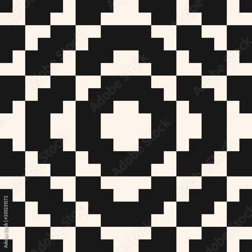 Vector geometric traditional folklore ornament. Fair isle seamless pattern. Tribal ethnic motif. Ornamental texture with square shapes, embroidery, knitting. Black and white repeatable background