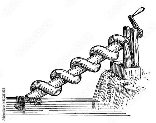 Archimedean Screw/Screw Pump, vintage illustration.