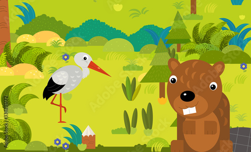 cartoon scene with different european animals in the forest illustration