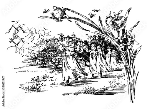 Garden Fairies, vintage illustration