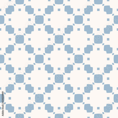 Subtle vector geometric seamless pattern with small elements, squares, rhombuses, grid. Delicate abstract white and light blue texture. Elegant minimalist repeat background. Simple vintage design