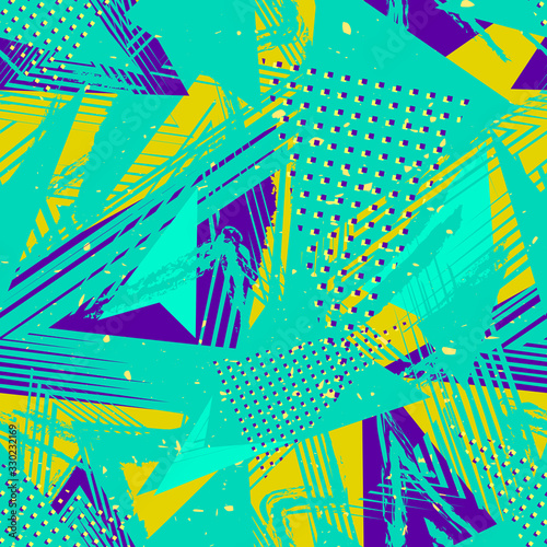Abstract seamless geometric pattern. Colorful sport style vector illustration. Grunge urban art texture with chaotic neon lines, triangles, dots, brush strokes. Turquoise green, yellow, purple color