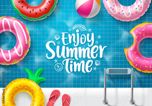 Summer time vector banner design. Enjoy summer text in top view swimming pool background with colorful floating summer elements like floaters and beach ball for holiday summer vacation. Vector 