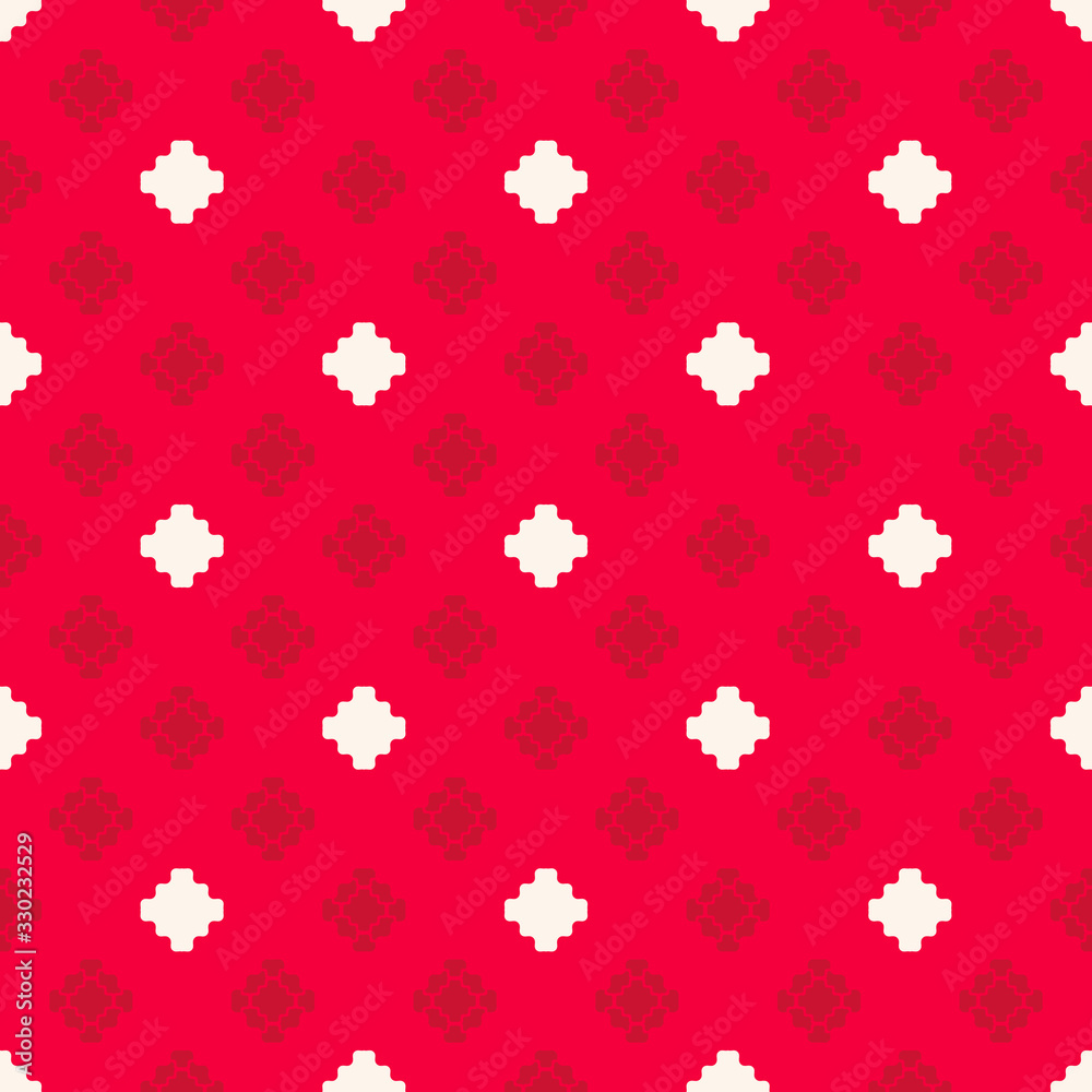 Vector geometric texture with small flower shapes, squares, crosses. Abstract minimal seamless pattern. Simple ornate background in red color. Elegant ornament. Repeat design for decor, fabric, print