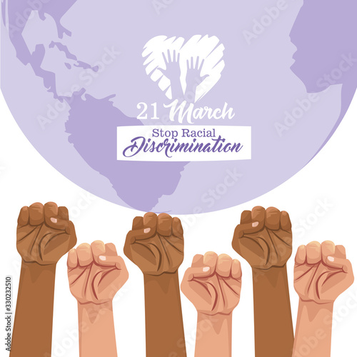 stop racism international day poster with hands and planet earth