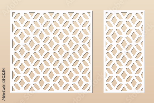 Laser cut panel. Vector template with abstract geometric pattern, grid, mesh, net, lattice ornament. Decorative stencil for laser cutting of wood, metal, plastic, engraving. Aspect ratio 1:1, 1:2
