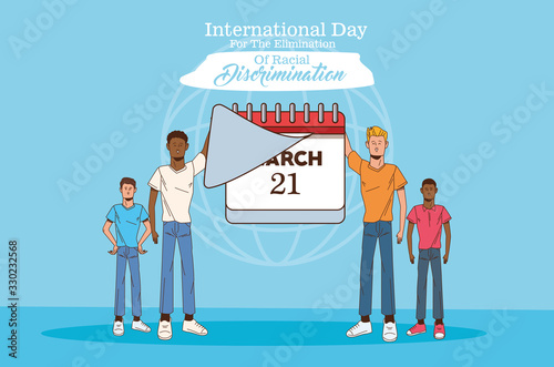 stop racism international day poster with interracial men and calendar