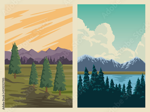 beautiful landscape with lake and forest scene