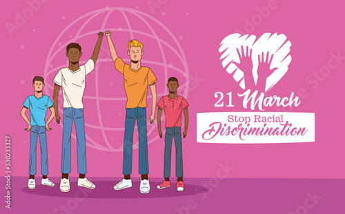 stop racism international day poster with interracial men characters