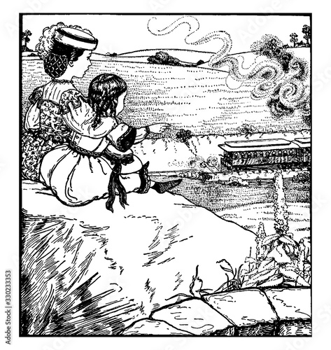 Girl with her little sister, vintage illustration.
