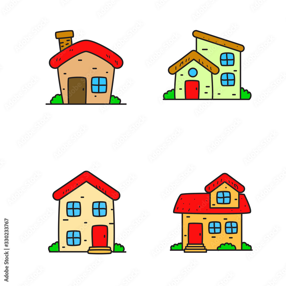 Set of house vector illustration in colorful doodle style isolated on white background. Set of house clip art 