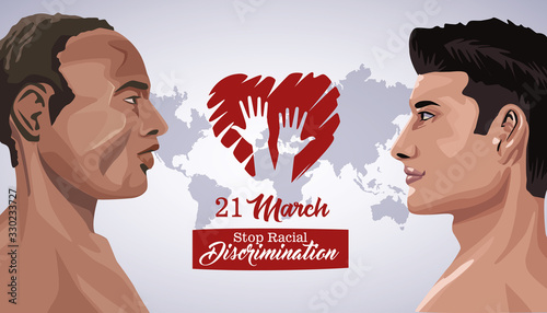 stop racism international day poster with interracial men profiles