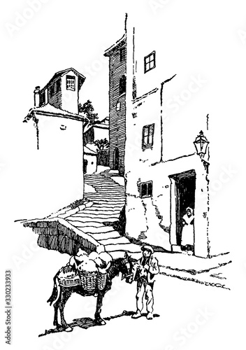 A man in front of Stone Stairs, vintage illustration.