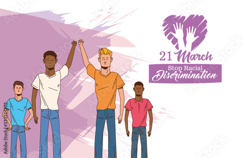 stop racism international day poster with interracial men characters