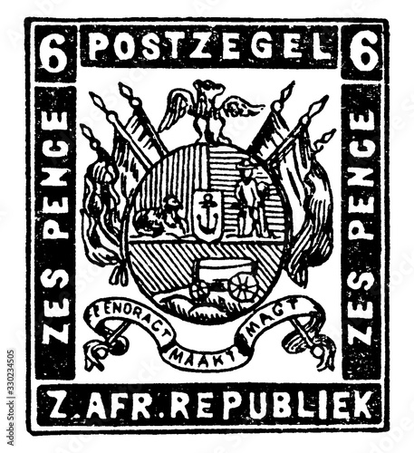 South African Republic Zes Pence Envelope, 1872-1873, vintage illustration