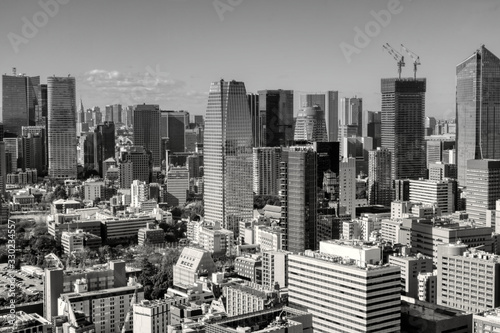 東京　2020年 景色　展望　展望台　俯瞰　遠景　昼間　快晴　青空　白黒　モノクロ