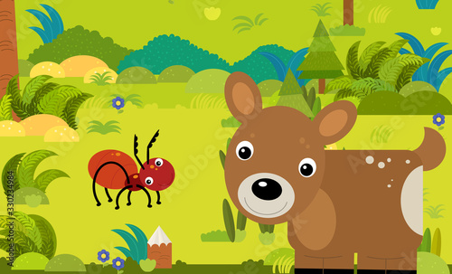 cartoon scene with different european animals in the forest illustration