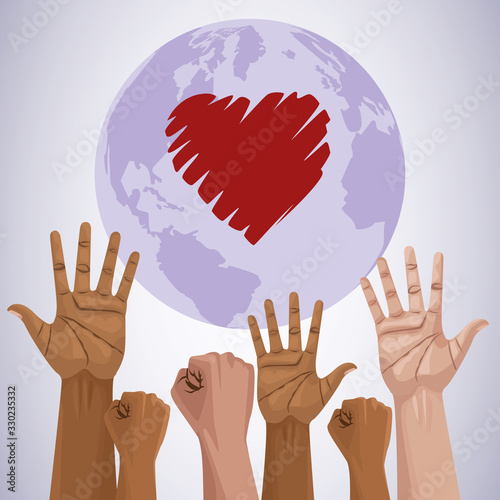 stop racism international day poster with hands and heart planet