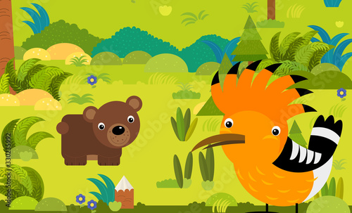 cartoon scene with different european animals in the forest illustration