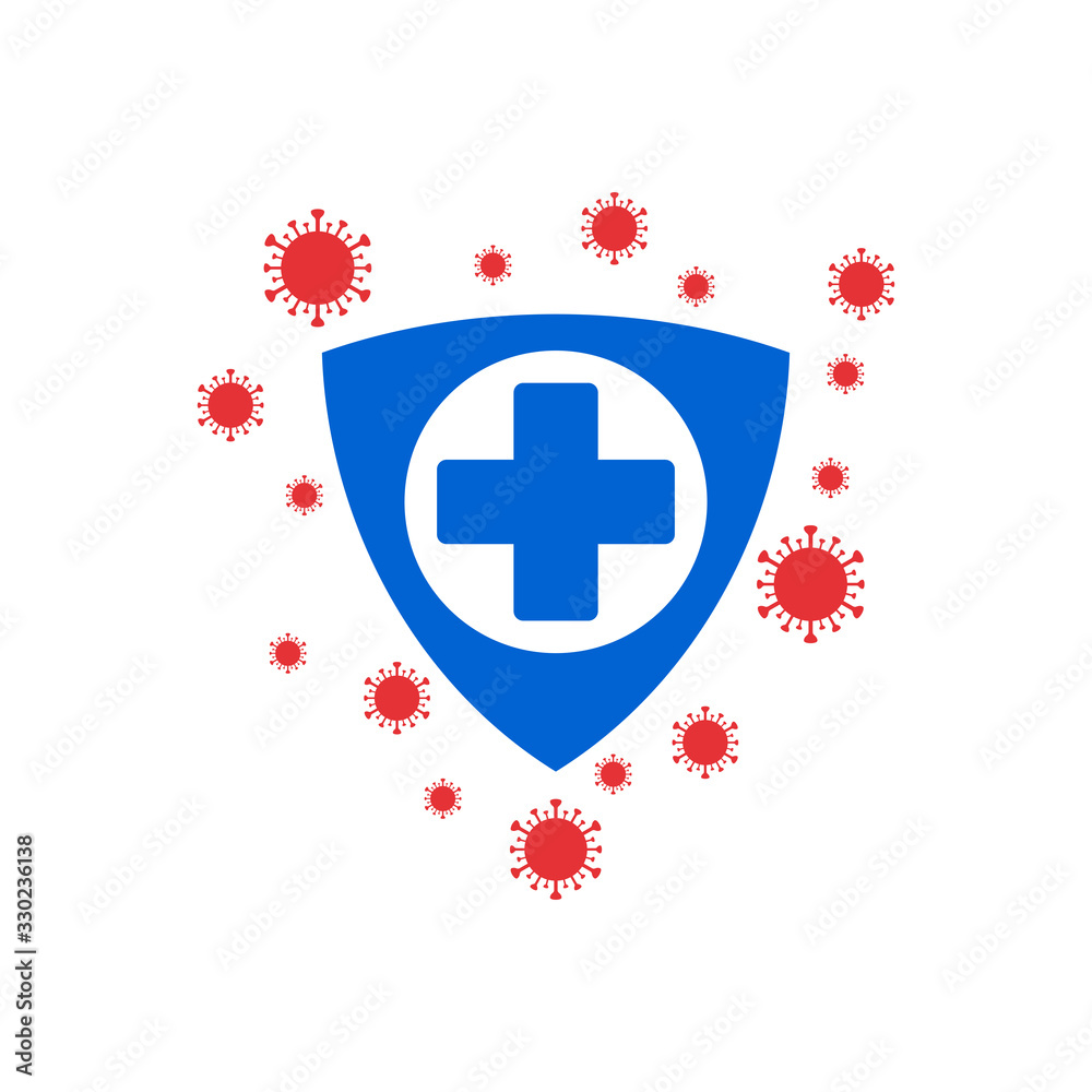 Obraz premium Coronavirus protection vector logo. Logo design of shield with medical cross inside and corona virus outside. Covid-19 shield protector. Prevention of the spread of the virus.