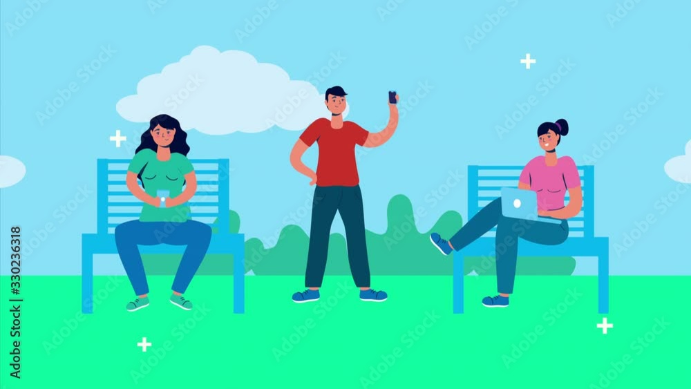 people using smartphone with social media icons in the park people using smartphone with social media icons in the park