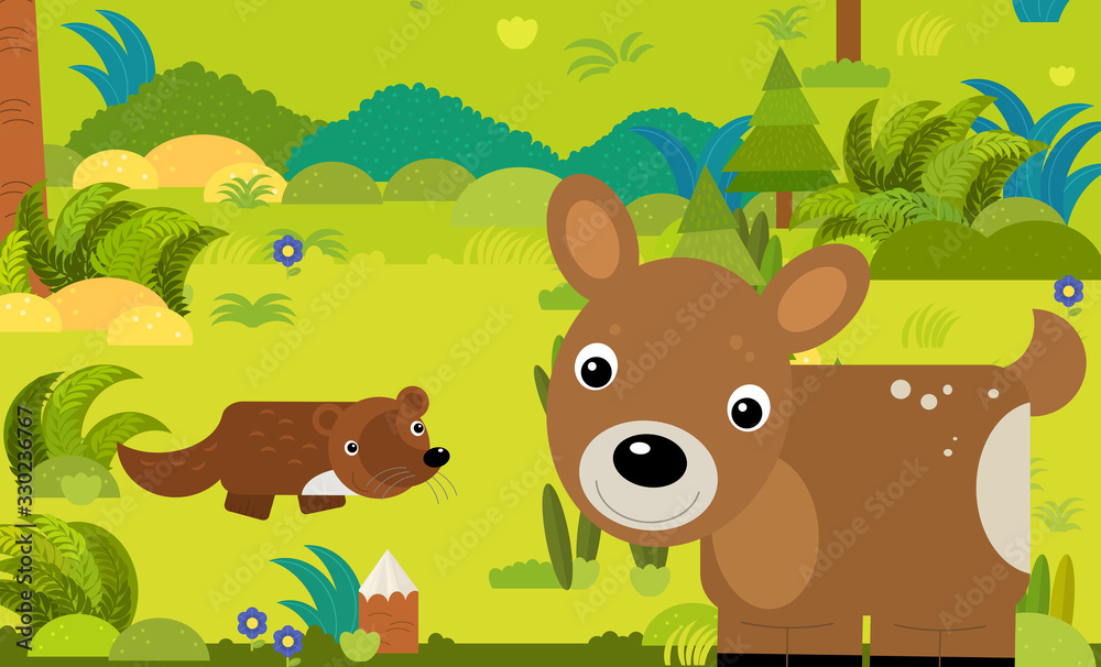 cartoon scene with different european animals in the forest illustration cartoon scene with different european animals in the forest illustration
