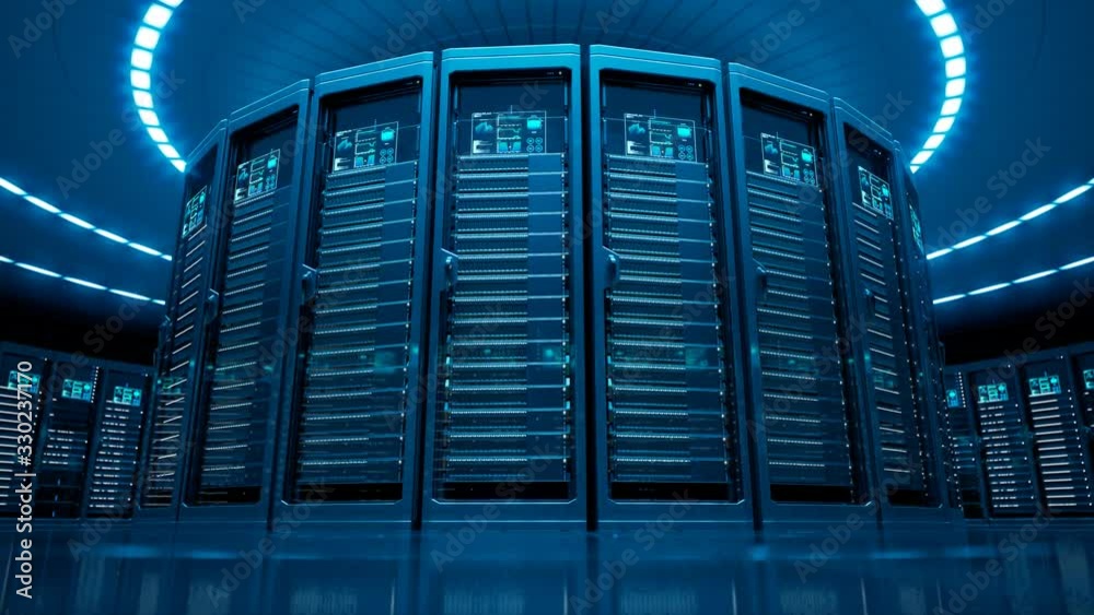 Countless modern server cabinets in a render farm. Dark, futuristic room. 4KHD