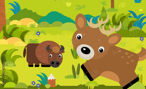 cartoon scene with different european animals in the forest illustration