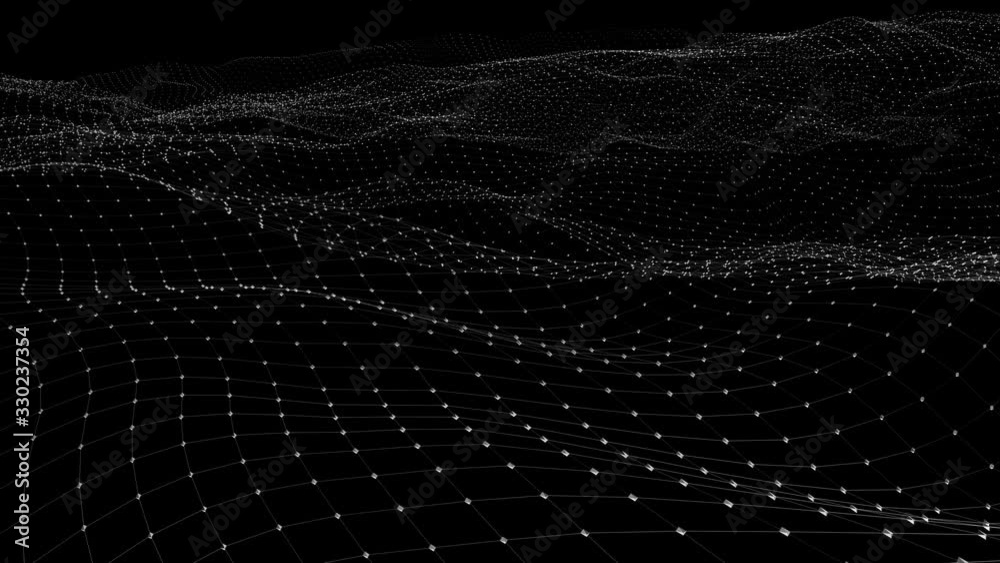 Background abstract digital wave and light square particles in organic motion. Wave of particles and grid. Futuristic dots background with a dynamic wave. Big data. 3d rendering. looped