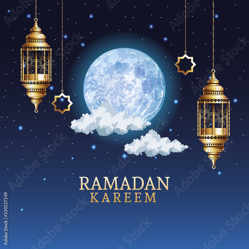 ramadan kareem celebration with golden lanterns hanging