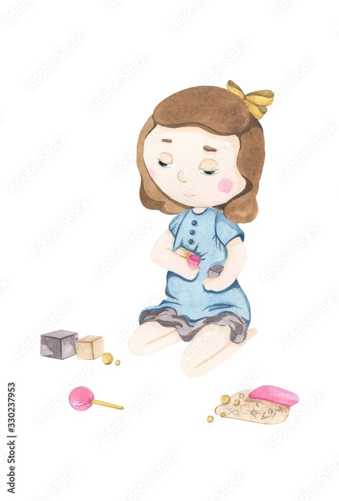 cute baby girl doll wearing beautiful cloth. Cute newborn watercolor baby. New born child illustration girl, boy painting. Baby shower isolated birthday painting card. Handmade painting. cute baby girl doll wearing beautiful cloth. Cute newborn watercolor baby. New born child illustration girl, boy painting. Baby shower isolated birthday painting card. Handmade painting.
